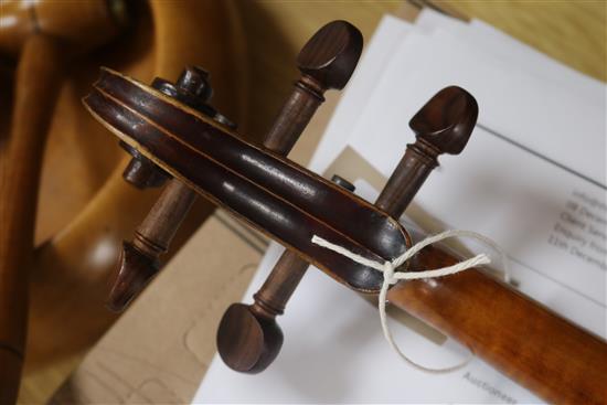 A 19th century violin, with single piece back, stamped Aubert to the bridge, L 365cm (body)